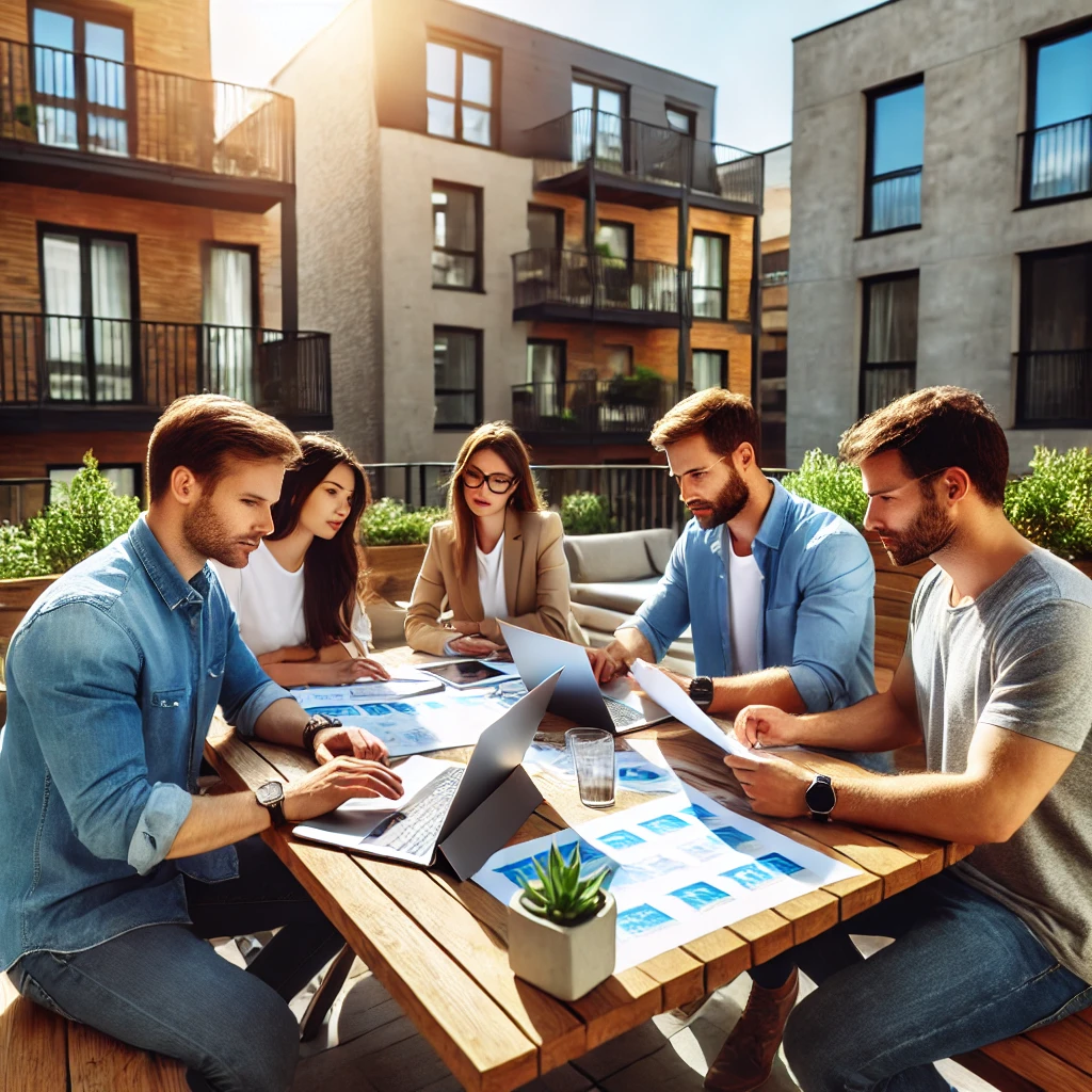 Combien gagne un agent immobilier salarié en France ? 2 A group of real estate agents working together on a sunny outdoor terrace with laptops and paperwork spread out on a wooden table. Theyre casually d