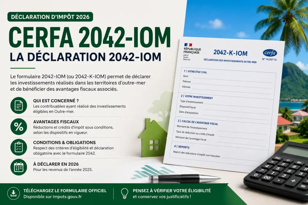Télécharger le Cerfa 2042-IOM (PDF) pour la déclaration des investissements outre-mer 2 Découvrez le Cerfa 2042-IOM : définition, personnes concernées, avantages fiscaux, mode d'emploi, téléchargement officiel et conseils pour remplir votre déclaration.