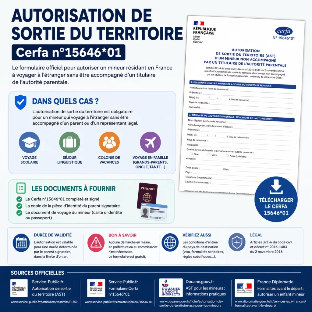 Cerfa n°15646*01 : télécharger le formulaire d'autorisation de sortie du territoire en France 1 Cerfa n°1564601 télécharger le formulaire d'autorisation de sortie du territoire en France