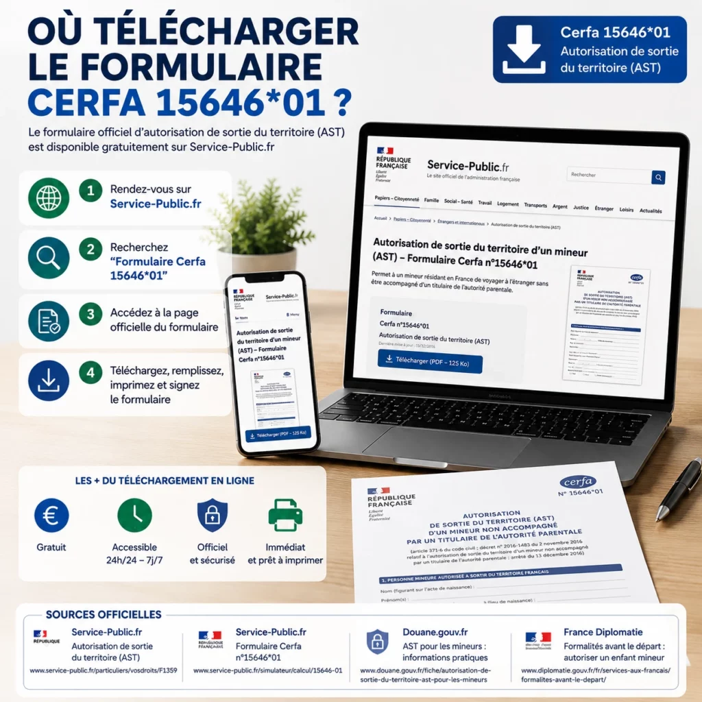 Cerfa n°15646*01 : télécharger le formulaire d'autorisation de sortie du territoire en France 2 Où télécharger le formulaire Cerfa 1564601
